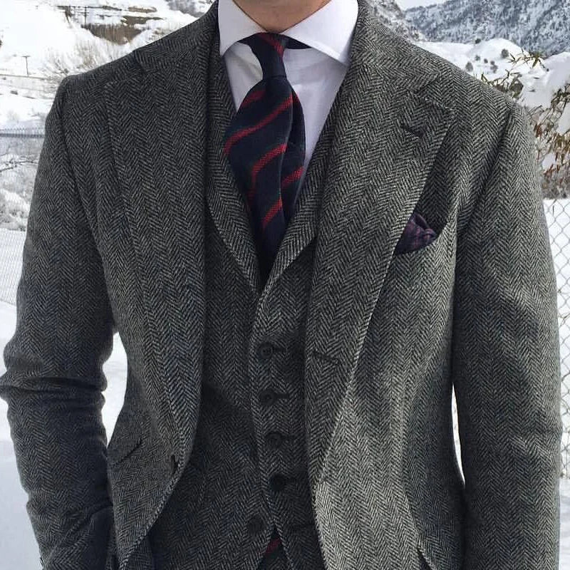 Gray Wool Tweed Winter Men Suit's For Wedding Formal Groom Tuxedo Herringbone Male Fashion 3 Piece Suit (Jacket + Vest + Pants) - reetell