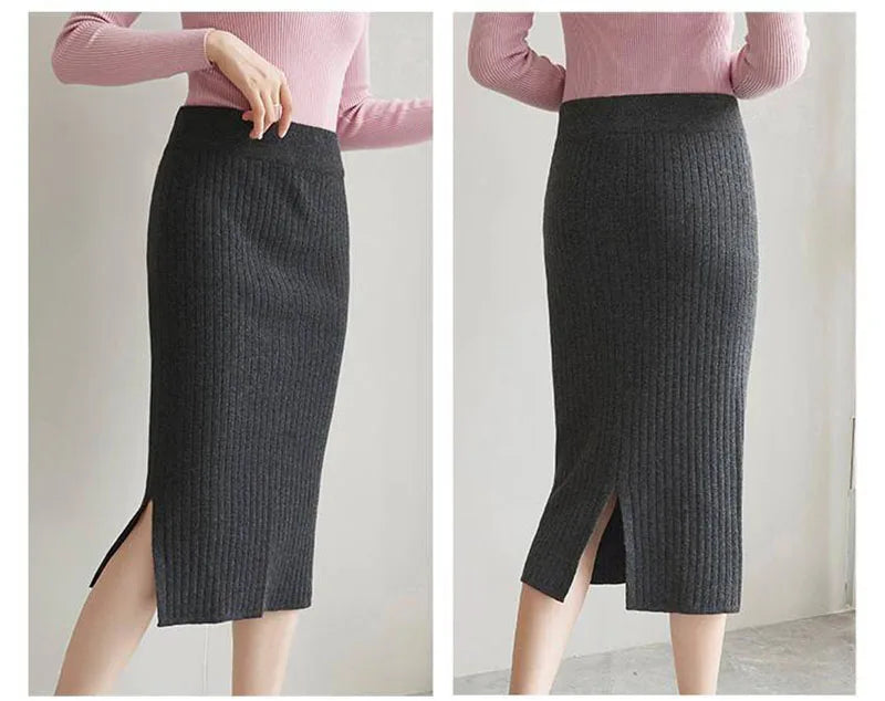 50-60-70 CM Fashion Autumn Winter Korean Knitted Women Skirts Elastic High Waist Split A-line Female Sexy Ribbed Skirts - reetell