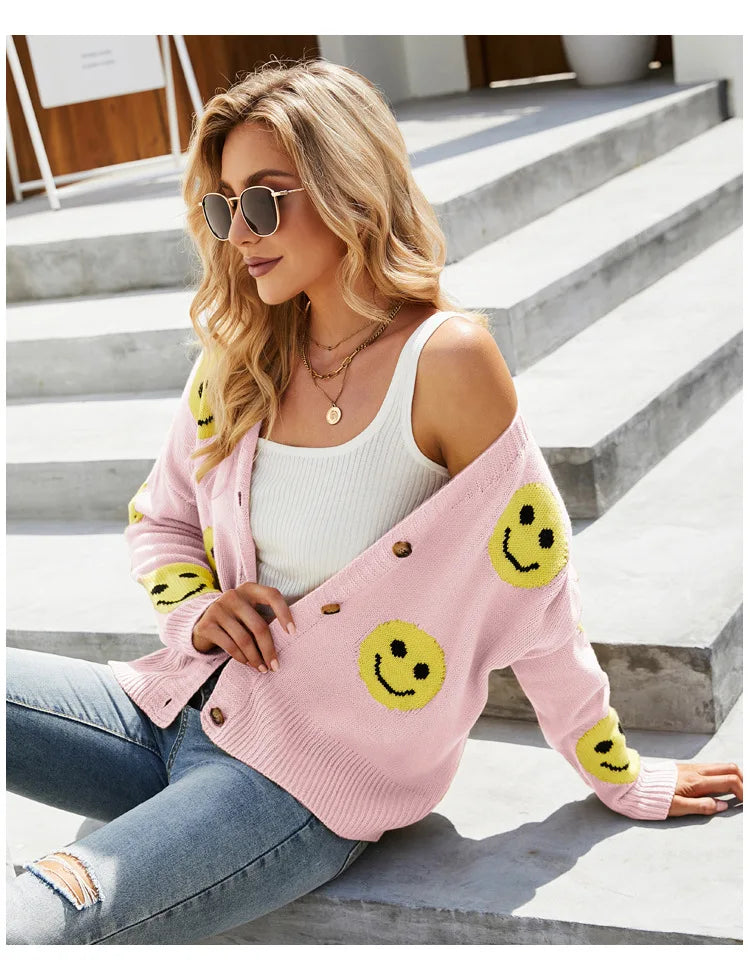 Women's Smiling Face Cardigan Autumn Winter New Female's Long Sleeve V Neck Single Breasted Knitted Shirt Casual Loose Knitwear - reetell