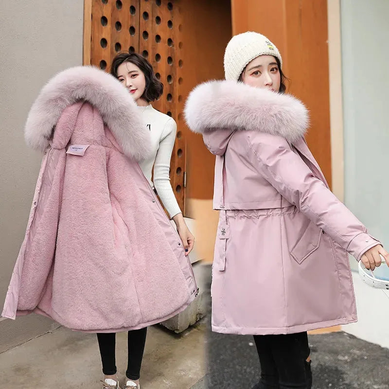 2023 New Winter Jacket Women Parka Fashion Long Coat Wool Liner Hooded Parkas Slim With Fur Collar Warm Snow Wear Padded Clothes - reetell