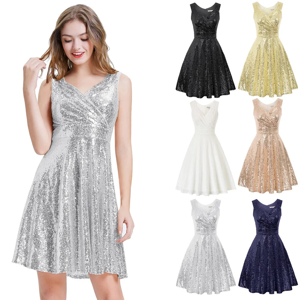 Grace Karin Women Sexy Dress Sparkling Sequins Sequined  Sleeveless V-Neck Party Club Dance Evening Elegant Flared A-Line Dress - reetell