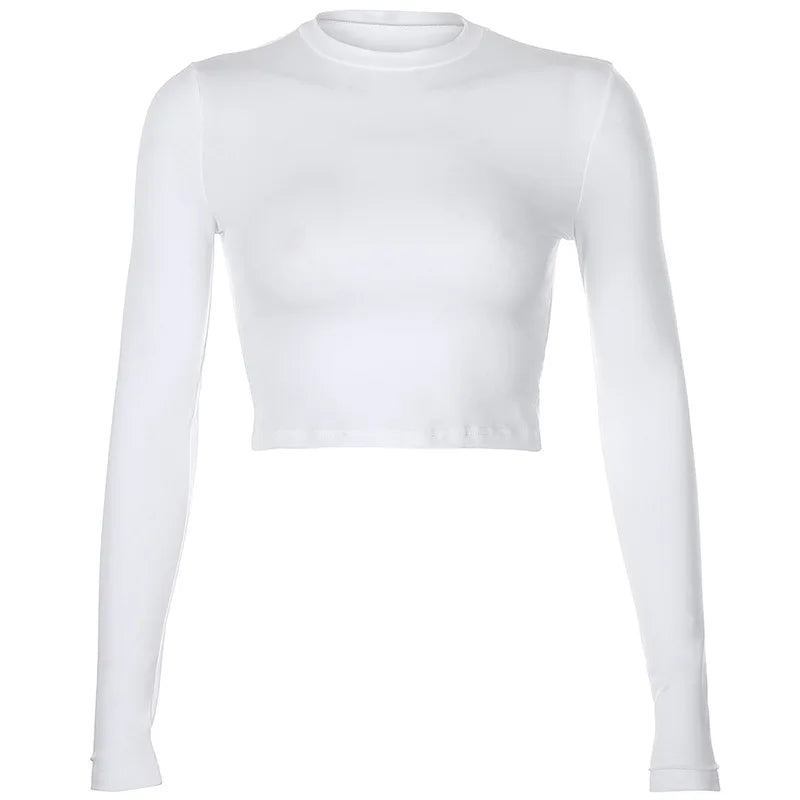 Solid Basic Long Sleeve Womens Tshirt Casual Black White Fashion Crop Top T Shirt Ladies Fashion Korean Tee Shirt - reetell