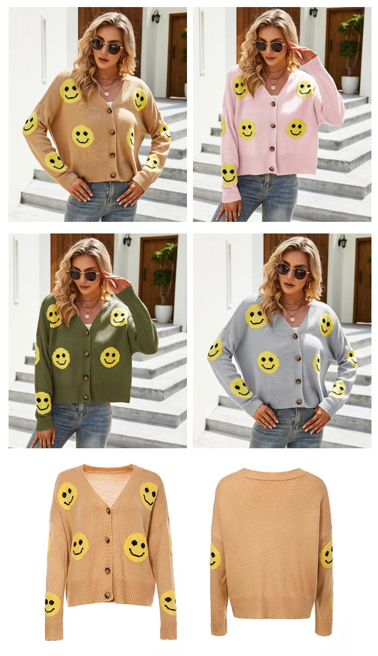 Women's Smiling Face Cardigan Autumn Winter New Female's Long Sleeve V Neck Single Breasted Knitted Shirt Casual Loose Knitwear - reetell