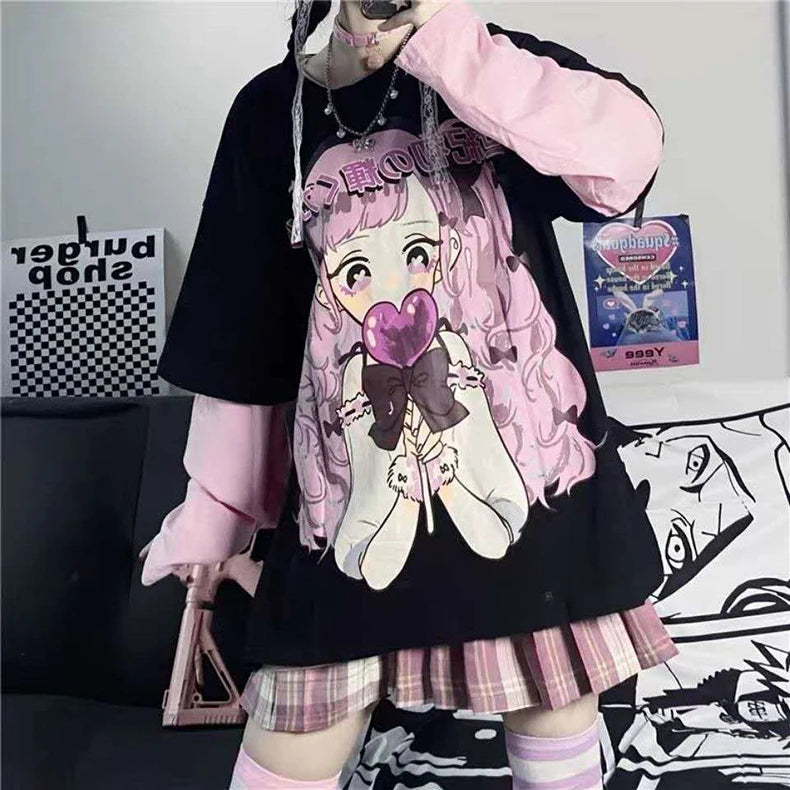 Long Sleeve Anime Kawaii Hoodie Clothes Spring Autumn Hip Hop Japanese Female Loose Harajuku Women Sweatshirts E Girl Clothes - reetell