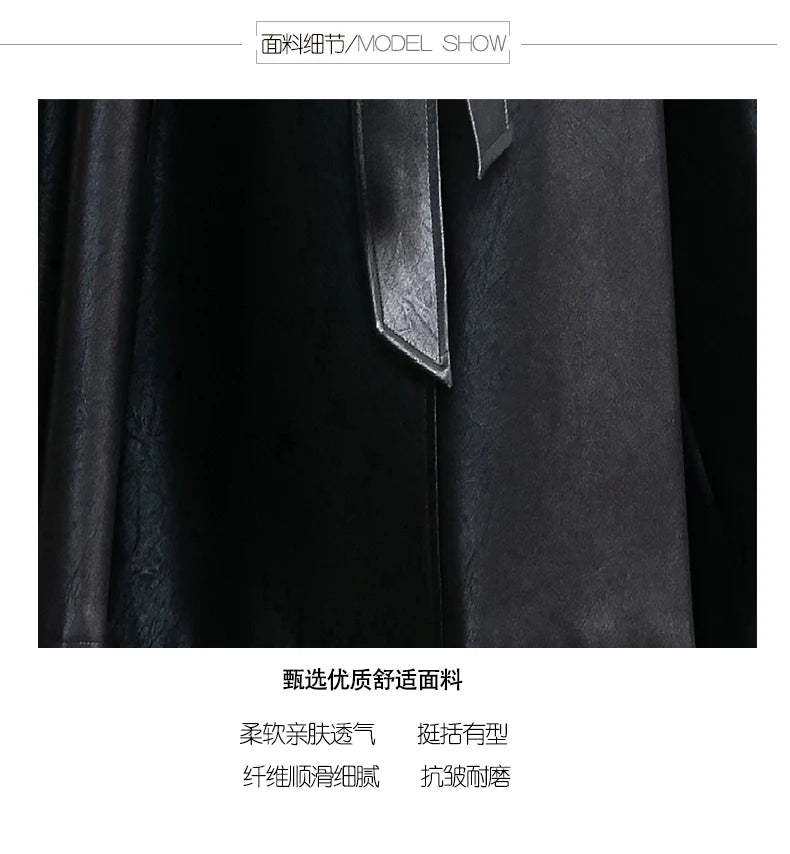 Lautaro Spring Autumn Long Black Soft Waterproof Faux Leather Coat Women Belt Long Sleeve Single Breasted Luxury Fashion 2022