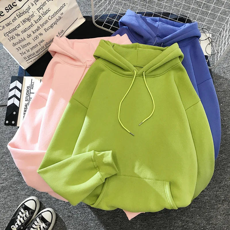 Zuolunouba Autumn And Winter Solid Color Plus Velvet Thickening Female Hoodie Casual Loose Drawstring Pocket Women Sweatshirt - reetell