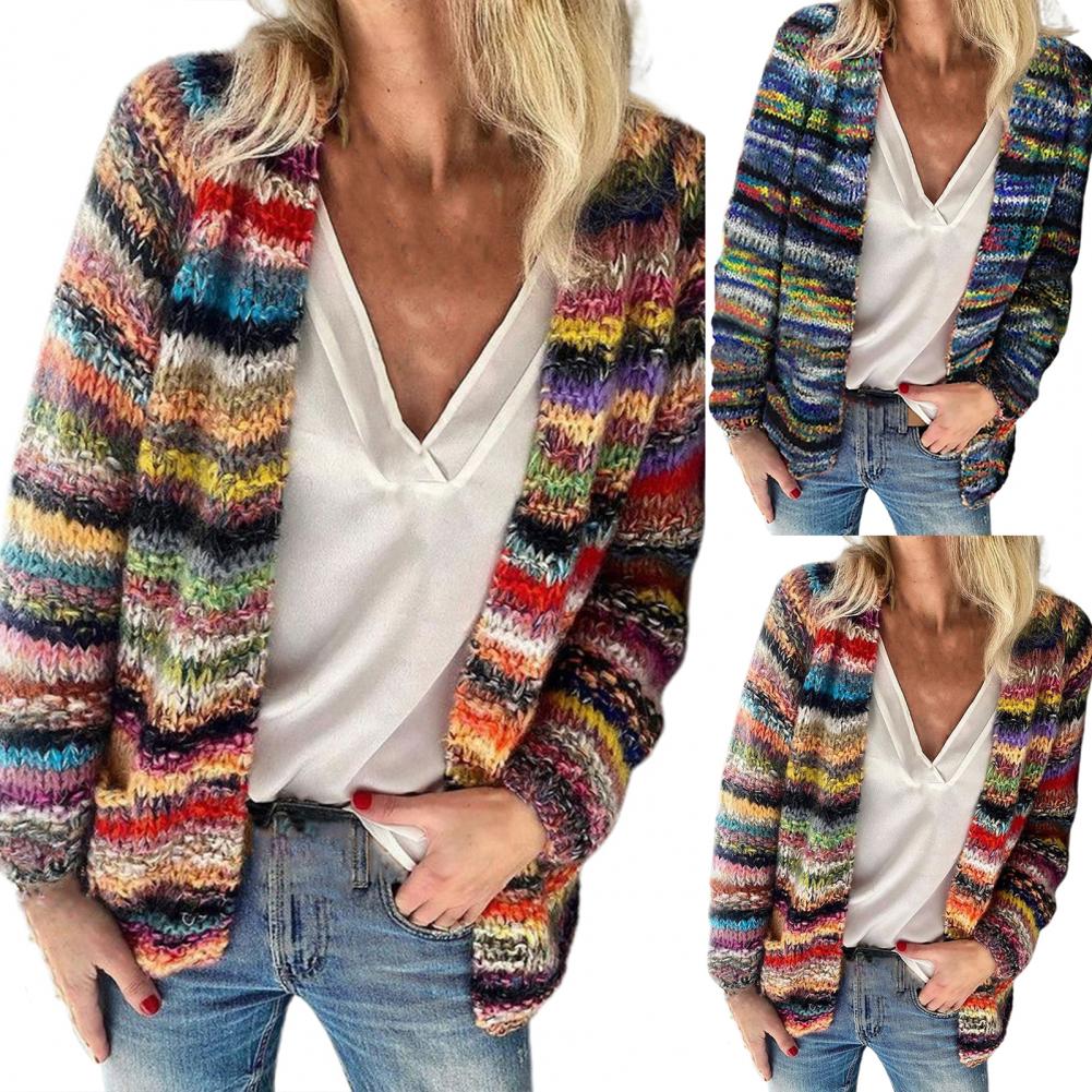 2021 New Women Sweater Rainbow Stripes Temperament Autumn Winter Long Sleeve Knitted Cardigan Coat for Office - reetell