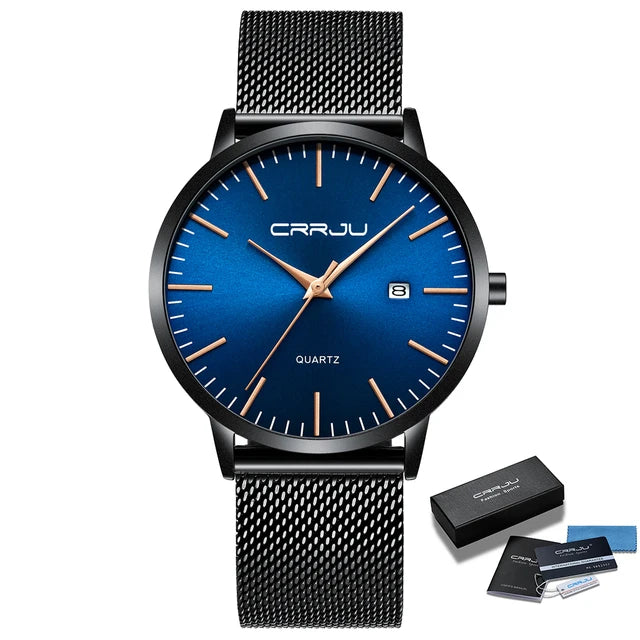 CRRJU Fashion Mens Watches Ultra Thin Quartz Watch Men Casual Slim Mesh Steel Waterproof Sport Watch Black Relogio Masculino