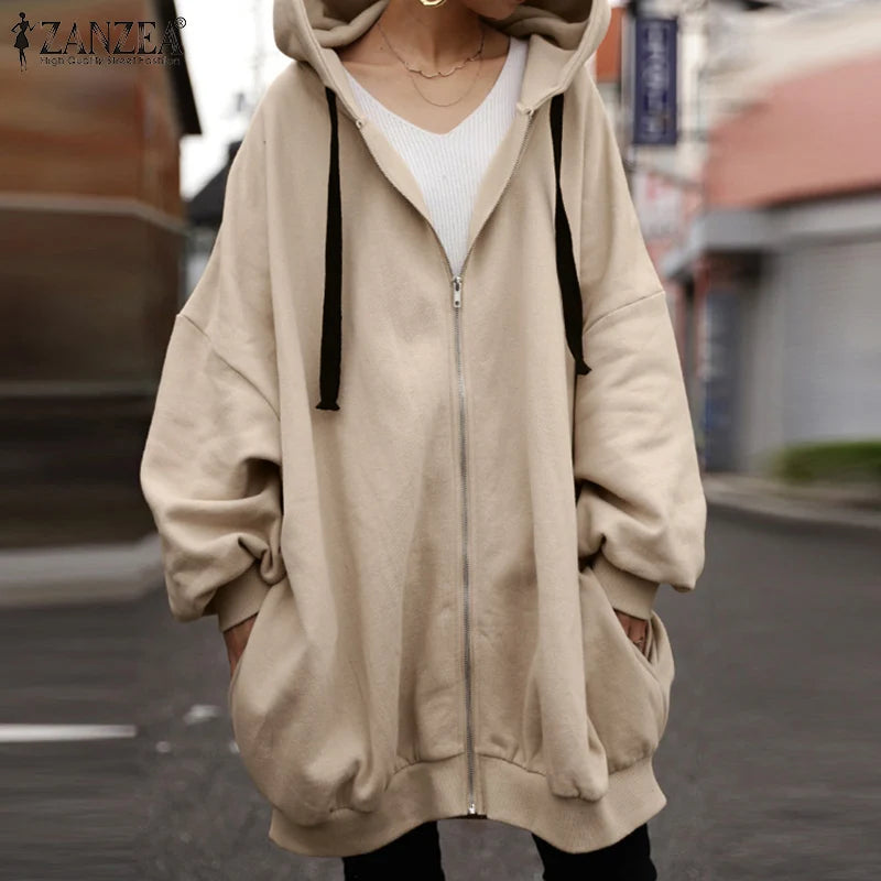 ZANZEA Fashion Oversize Coats Women Autumn Long Sleeve Sweatshirts Female Casual Elegant Loose Outwear Hooded Hoodies 2023 - reetell