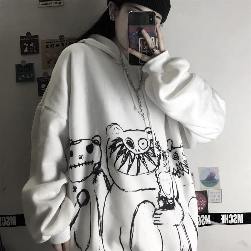 QWEEK Goth Harajuku Hoodie Punk Anime Oversized Sweatshirt Graffiti Hoodies Women Cartoon Print Hoodie 2021 Streetwear Women - reetell