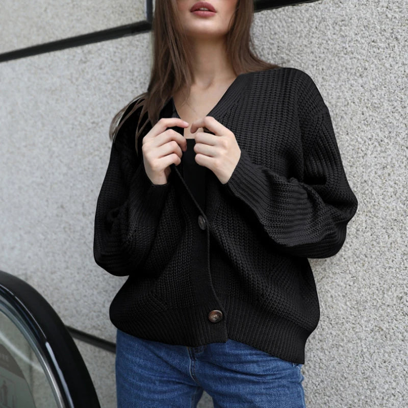 NEW Fashion Women Knitted Cardigans Sweater Fashion Autumn Long Sleeve Loose Coat Casual Button Thick V Neck Solid Female Tops - reetell