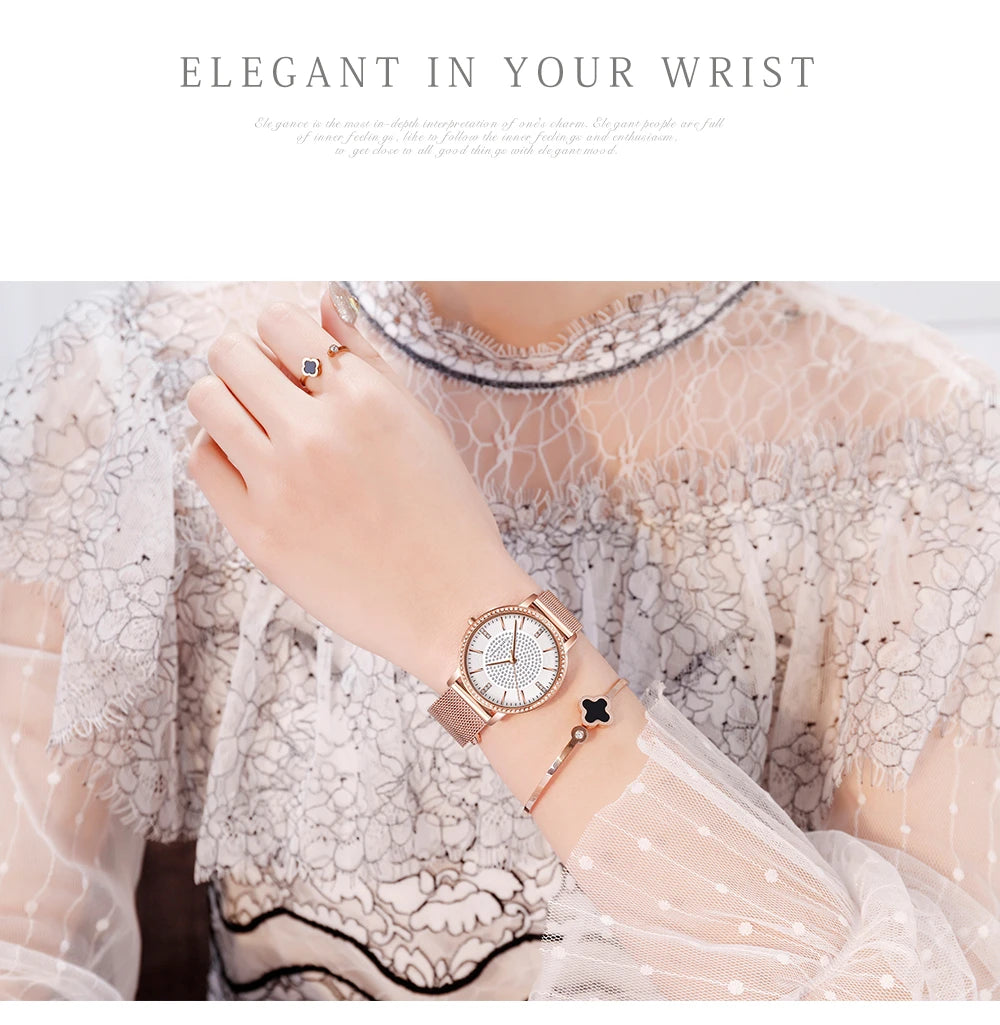 Hot Sale Full Solid Stainless Steel Strap Japan Movement Rose Gold Diamonds Women Rhinestones Wristwatches Female Quartz Watch