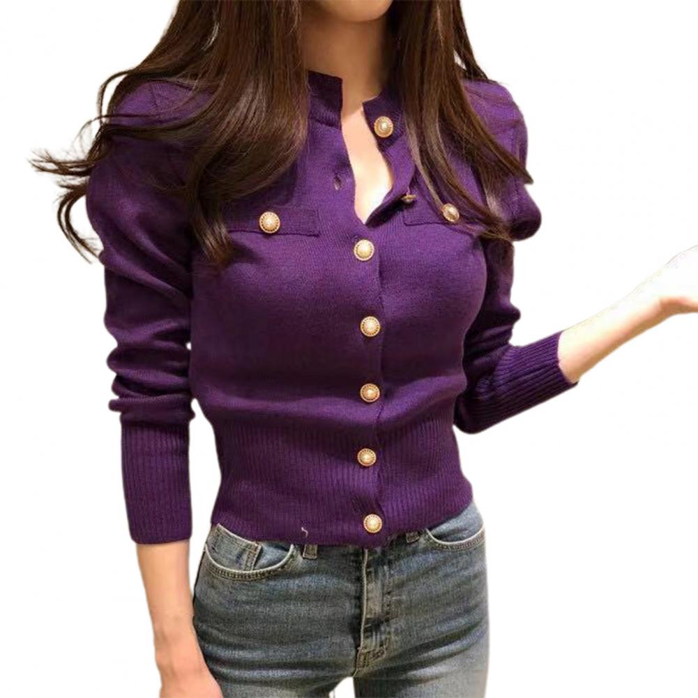 Women Cardigan Sweater Decorative Pockets Faux Pearl Buttons Knitted Coat Short Single Breasted Korean Slim Chic Ladies Tops - reetell