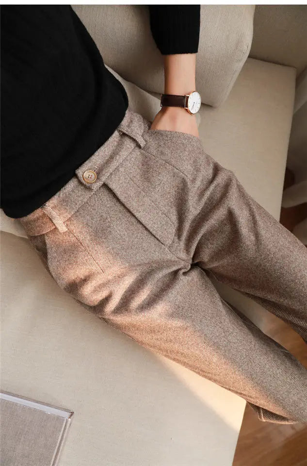 Woolen Pants Women's Harem Pencil Pants 2024 Autumn Winter High Waisted Casual Suit Pants Office Lady Women Trousers - reetell