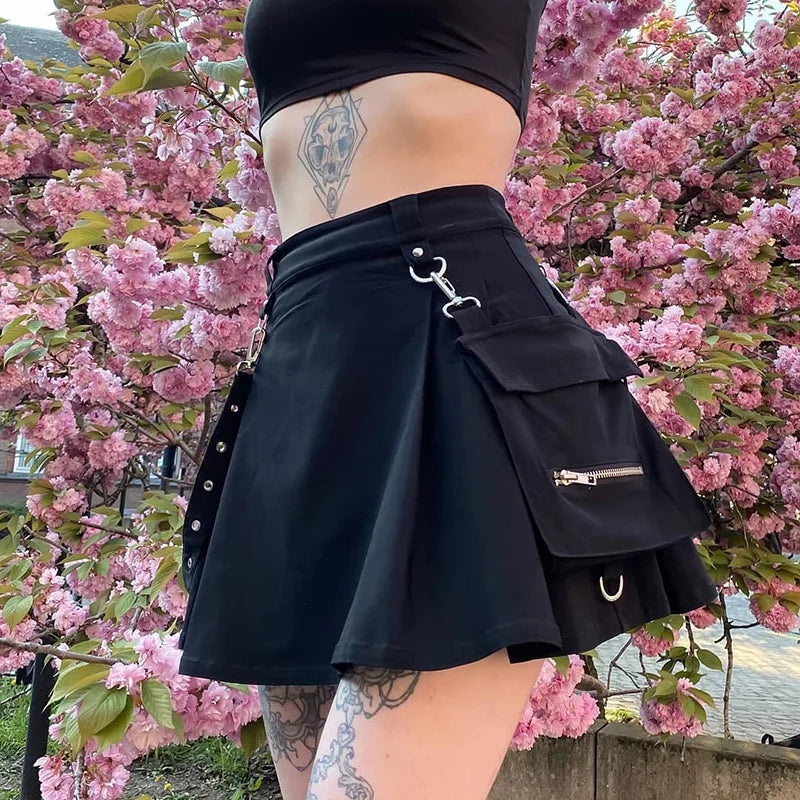 Black Skirt Harajuku Punk Gothic Black High Waist Black Women Sexy Patchwork Bandage Mini Skirt Female Streetwear - reetell