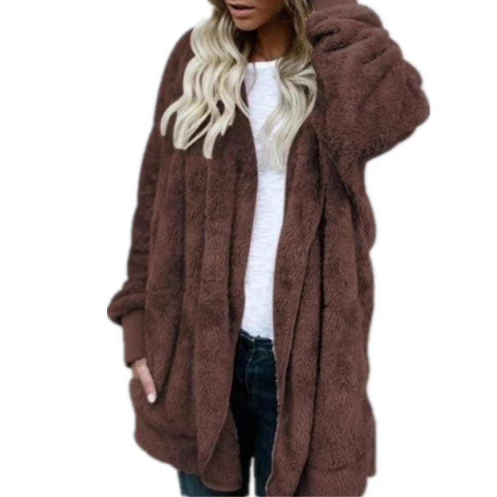 Loose Winter Women Solid Color Plush Faux Fur Warm Long Sleeve Hooded Female Jacket Midi Coat Cardigan 4 Colors - reetell