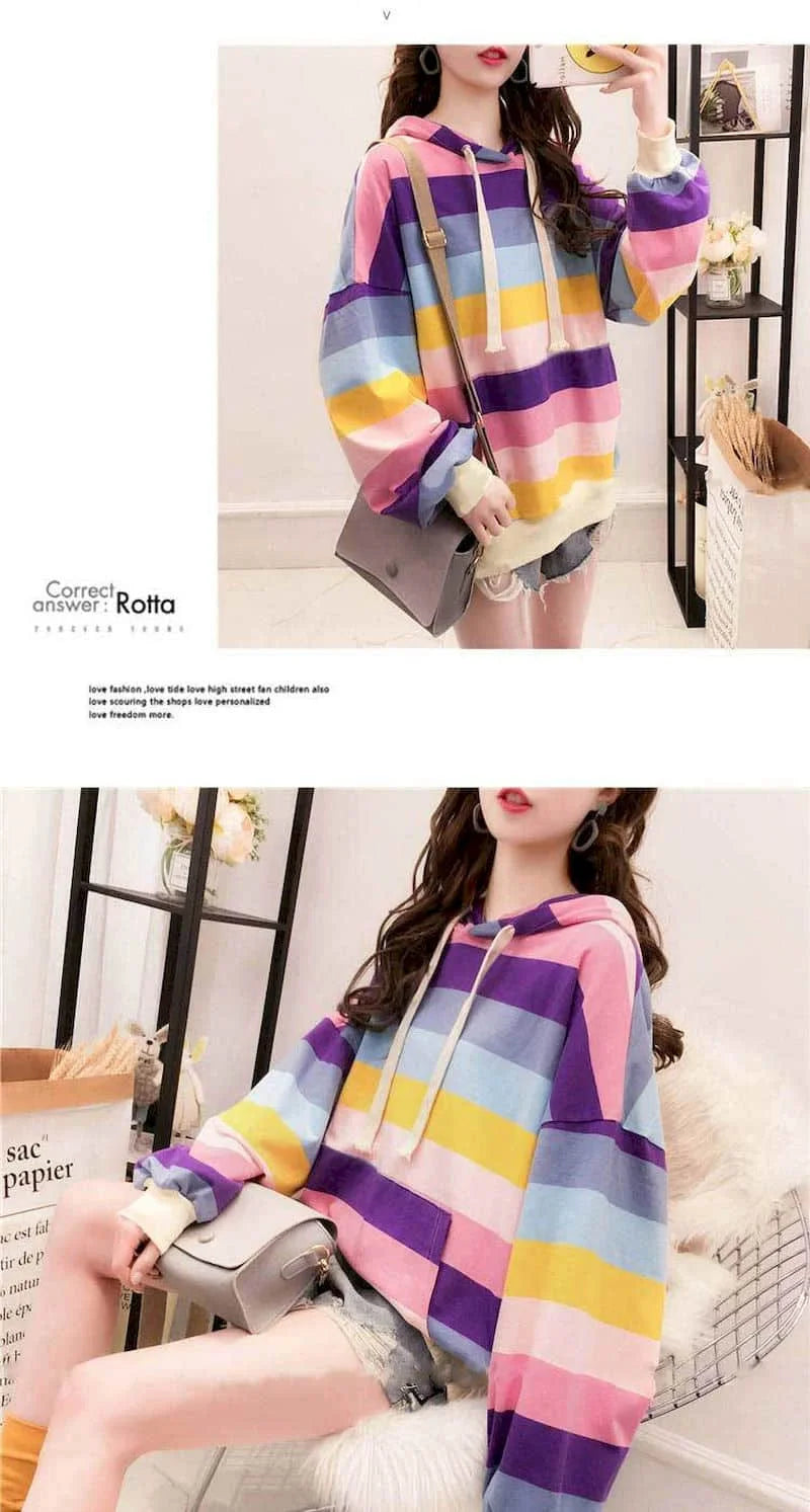 Womens Hoodies Rainbow Striped Long-sleeved T-shirt Spring Autumn New Loose Thin Casual Oversized Hooded Sweatshirt Women Tops - reetell