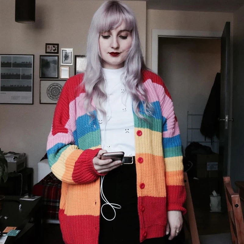 BORING Letters Rainbow Multicolor Striped Loose Kimono Cardigan Women Fall Winter Knitted Cardigan Sweet Long Sweater C111 - reetell