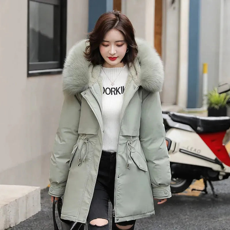 2023 New Winter Jacket Women Parka Fashion Long Coat Wool Liner Hooded Parkas Slim With Fur Collar Warm Snow Wear Padded Clothes - reetell