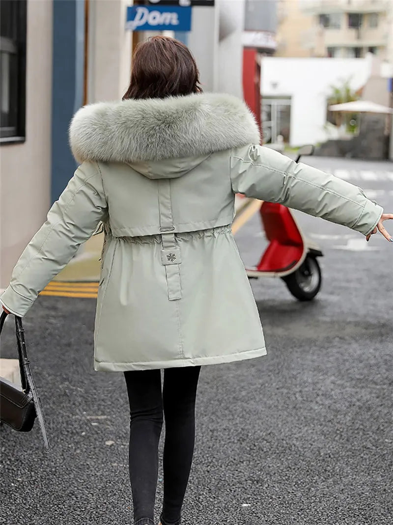 2023 New Winter Jacket Women Parka Fashion Long Coat Wool Liner Hooded Parkas Slim With Fur Collar Warm Snow Wear Padded Clothes - reetell