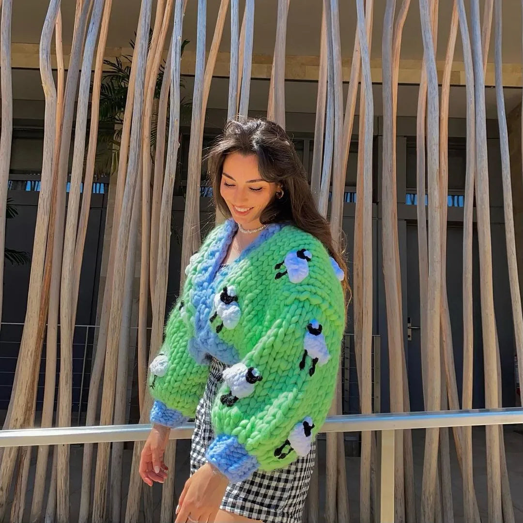 KONDALA 2023 Streetwear Green Handmade Sheep Appliques Knitted Cardigans Women Long Puff Sleeve Loose Jackets Stylish Sweater - reetell