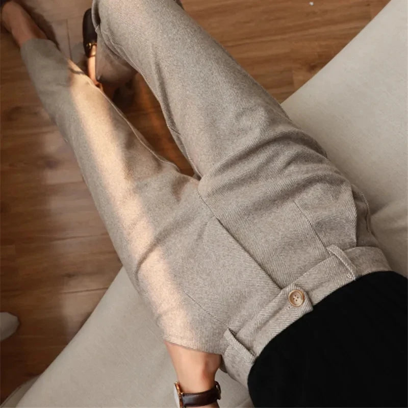 Woolen Pants Women's Harem Pencil Pants 2024 Autumn Winter High Waisted Casual Suit Pants Office Lady Women Trousers - reetell