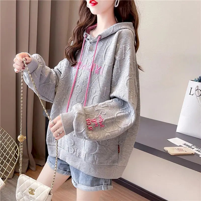 Autumn New Embroidery Hoodies Womens Fashion Loose Large Size Hoodie Korean Trendy Thin Long-sleeved Versatile Hooded Sweatshirt - reetell