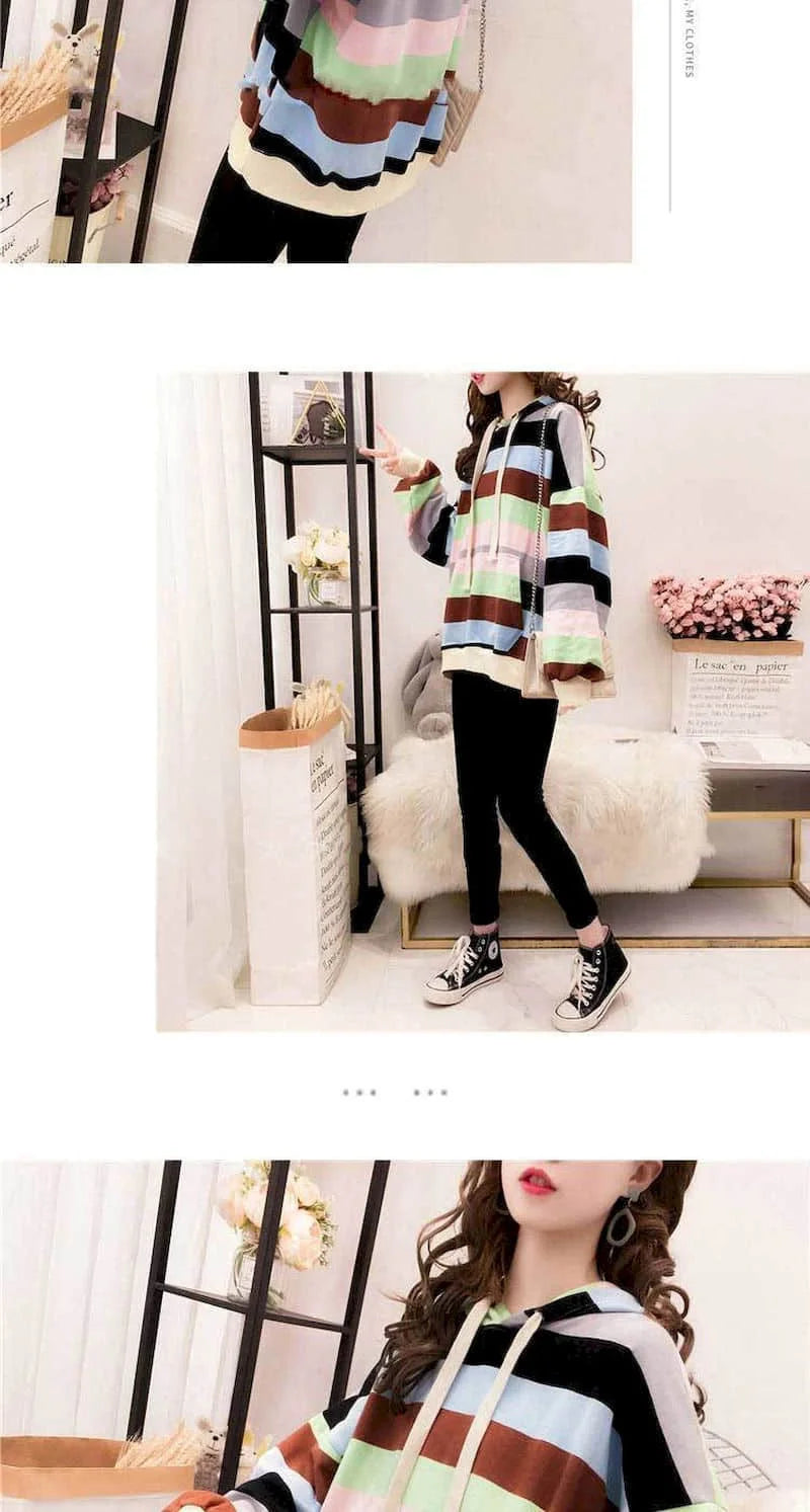 Womens Hoodies Rainbow Striped Long-sleeved T-shirt Spring Autumn New Loose Thin Casual Oversized Hooded Sweatshirt Women Tops - reetell