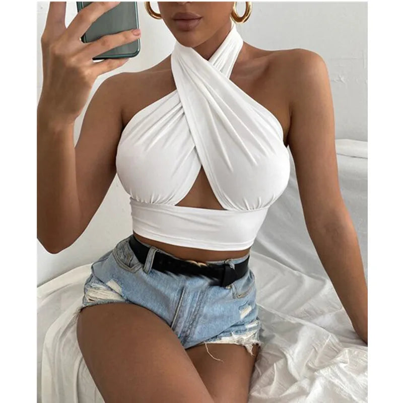 Women Summer Tank Tops Solid Cross Halter Camis Backless Crop Tops Female Camisole Cropped Top Slim Sleeveless Streetwear - reetell