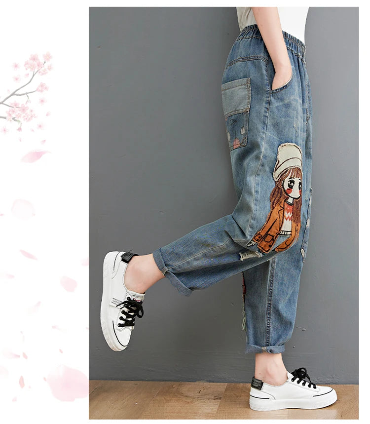 6537 Cartoon Litter Girl Embroidery Denim Pants For Women Trendy Hole Casual High Waist Breeches Pockets Mom Harem Blue Jeans - reetell