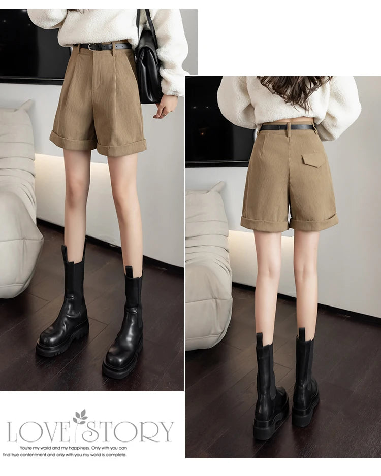 Streetwear Winter Corduroy Shorts Women Casual Loose Wide Leg Woolen Shorts With Belt High Waist Short Femme Black Khaki Brown - reetell