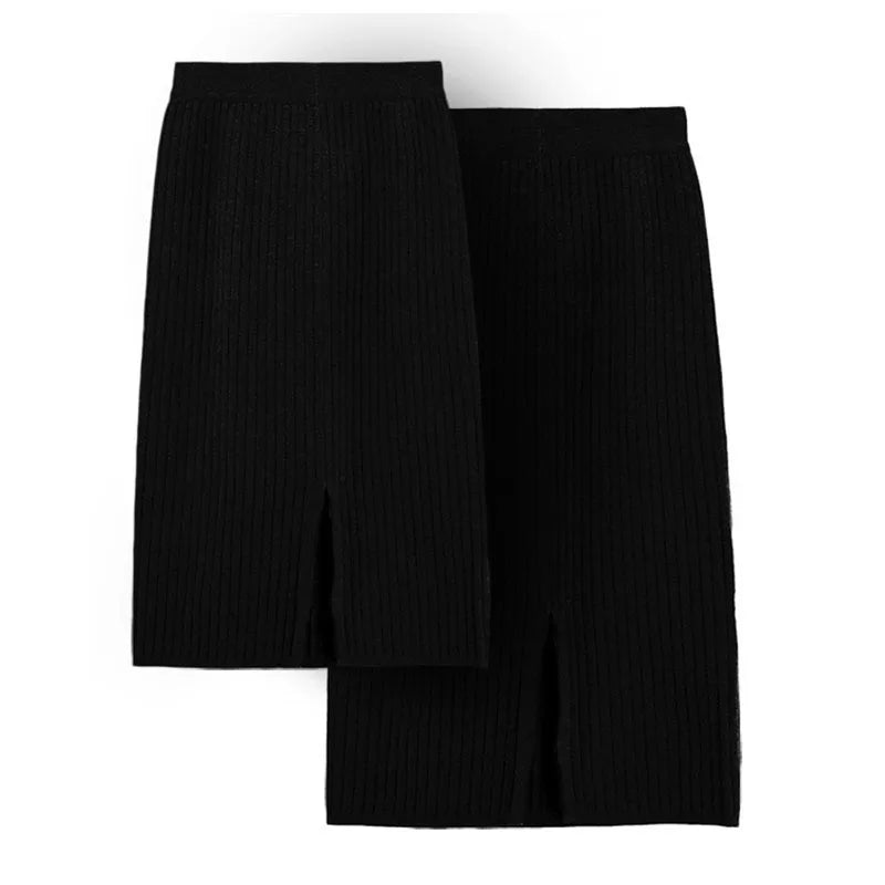 50-60-70 CM Fashion Autumn Winter Korean Knitted Women Skirts Elastic High Waist Split A-line Female Sexy Ribbed Skirts - reetell