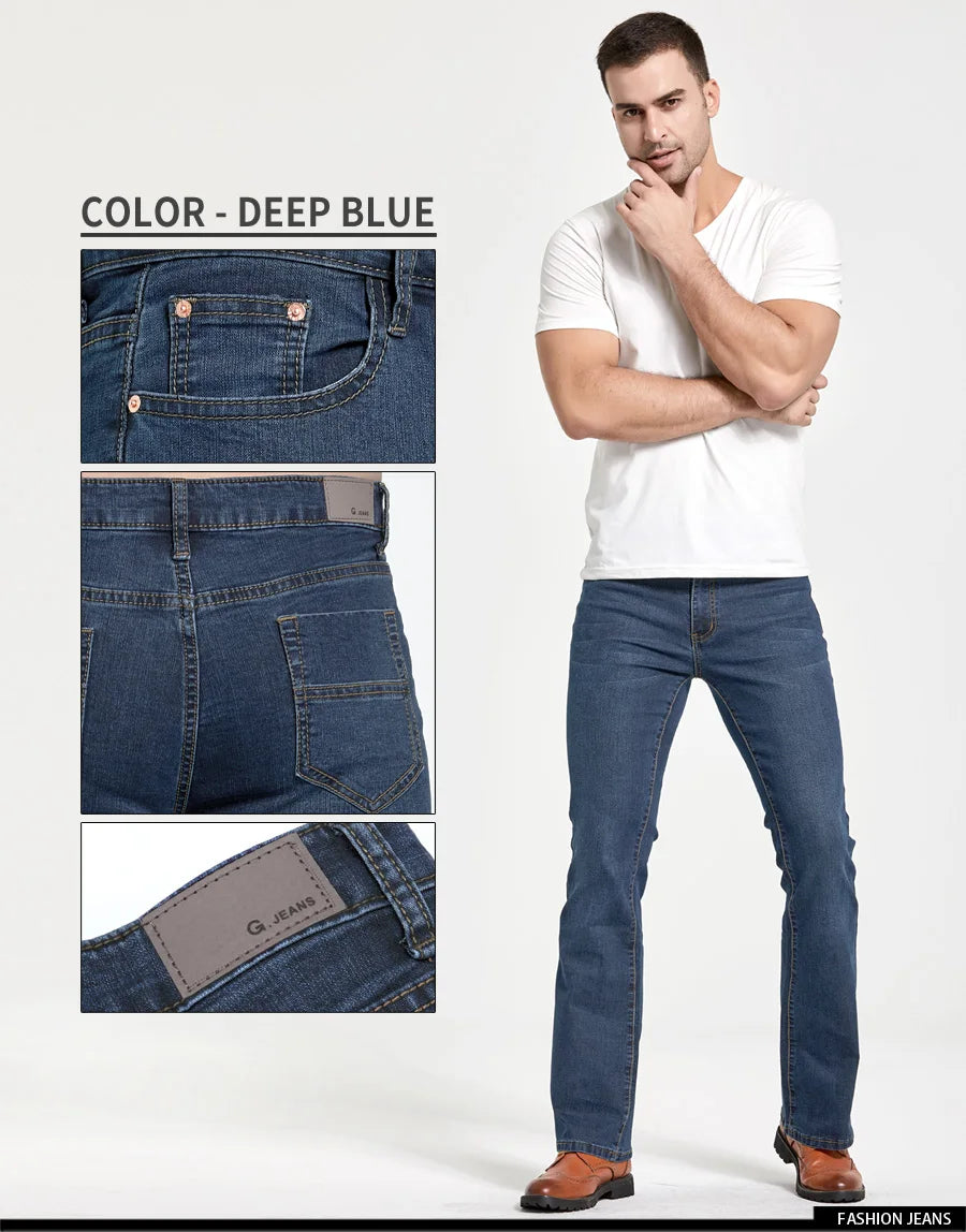 Mens Boot Cut Jeans Slightly Flared Slim Fit Blue Black Trousers Designer Classic Male Stretch Denim Pants - reetell