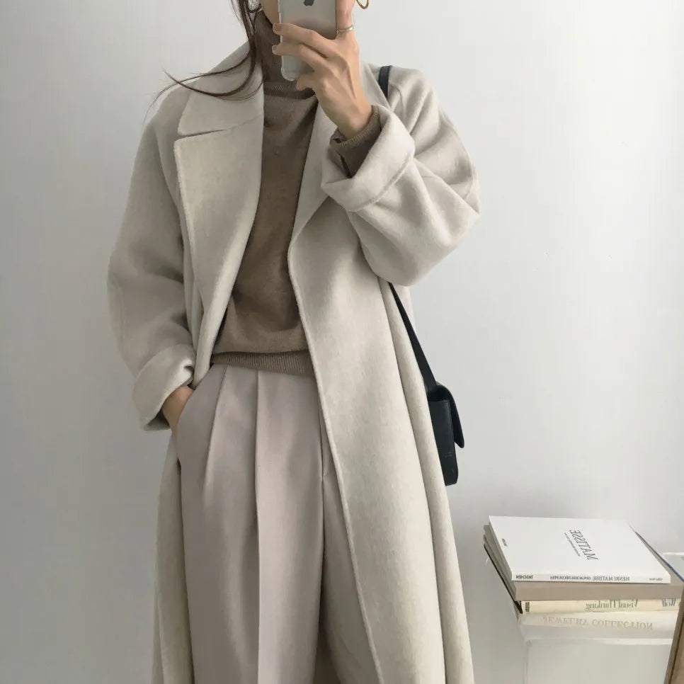 JXMYY French Lazy Style Warm Female Fresh Winter 2024 Classical Belt Retro Loose Women Woolen Coats Chic Casual Long Coat Long - reetell