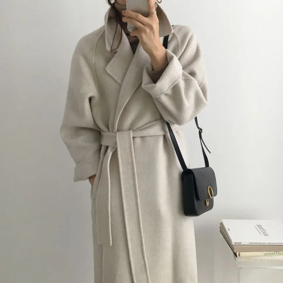 JXMYY French Lazy Style Warm Female Fresh Winter 2024 Classical Belt Retro Loose Women Woolen Coats Chic Casual Long Coat Long - reetell