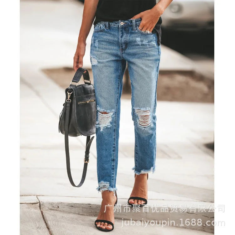 2022 Jeans woman Female ripped boyfriend hole korean fashion buttom womans pencil pants denim elastic trousers for ladies Donna - reetell