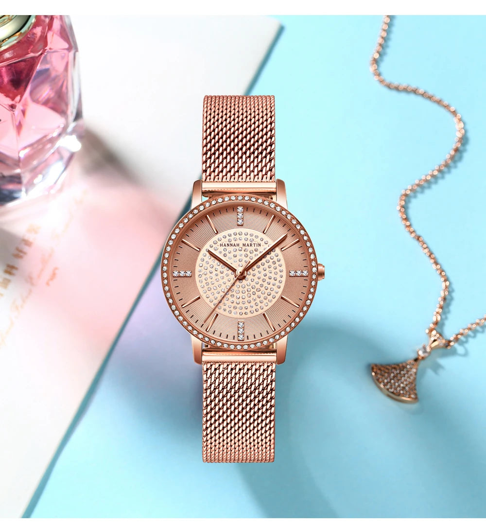 Hot Sale Full Solid Stainless Steel Strap Japan Movement Rose Gold Diamonds Women Rhinestones Wristwatches Female Quartz Watch