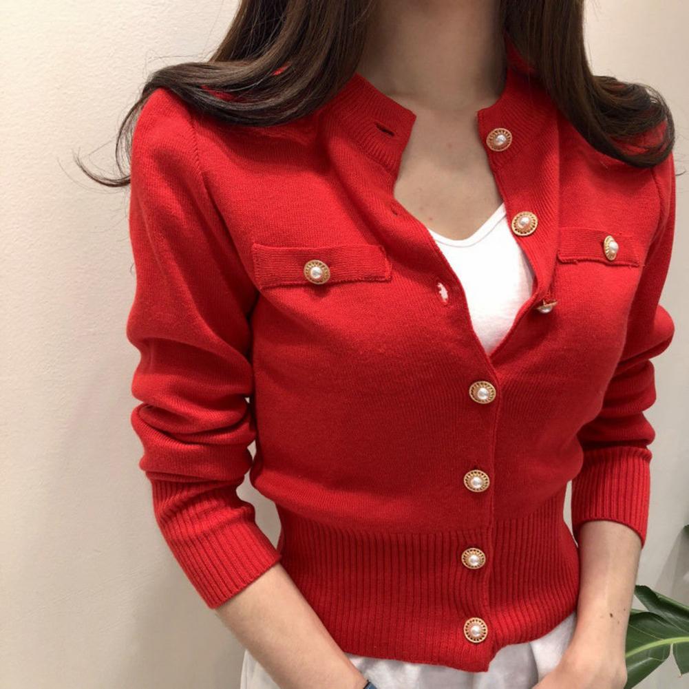 Women Cardigan Sweater Decorative Pockets Faux Pearl Buttons Knitted Coat Short Single Breasted Korean Slim Chic Ladies Tops - reetell