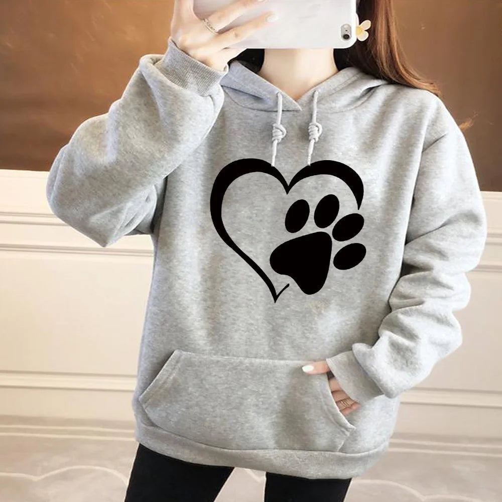 Women's Fashion Hoodie Loose Oversized Long Sleeve Sweatshirts Black Love Footprint Printed Clothing Ladies Harajuku Pullover - reetell