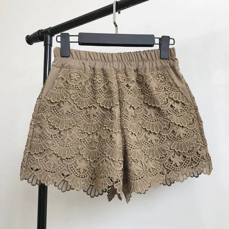 Lace Shorts Women Spring Autumn High Waist Shorts Elastic Wide Leg Short Shorts Black / White Ladies Sexy Short Feminino Q2248 - reetell