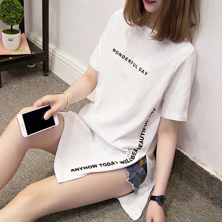 WONDERFUL DAY Print Long T shirts Summer Women Loose Slit Femme Tops Cotton Tshirt Short sleeve Ladies t-shirt - reetell