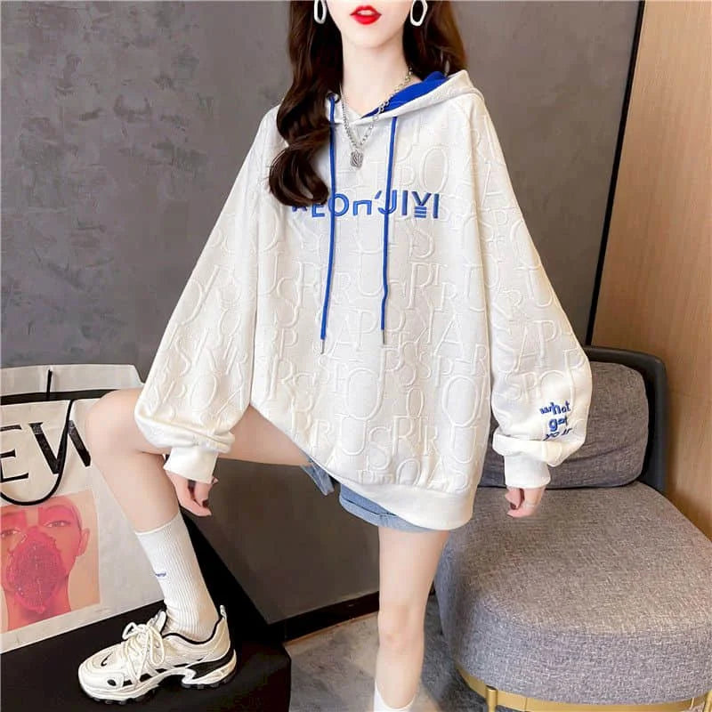 Autumn New Embroidery Hoodies Womens Fashion Loose Large Size Hoodie Korean Trendy Thin Long-sleeved Versatile Hooded Sweatshirt - reetell