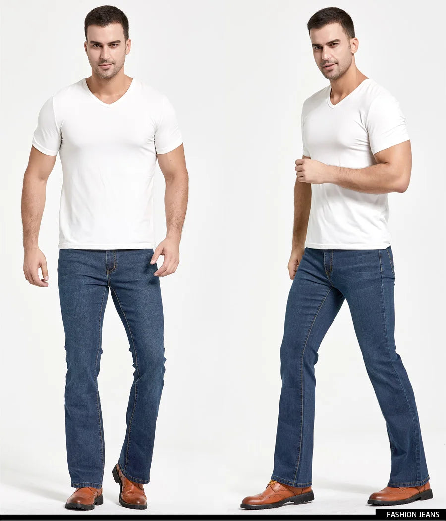 Mens Boot Cut Jeans Slightly Flared Slim Fit Blue Black Trousers Designer Classic Male Stretch Denim Pants - reetell