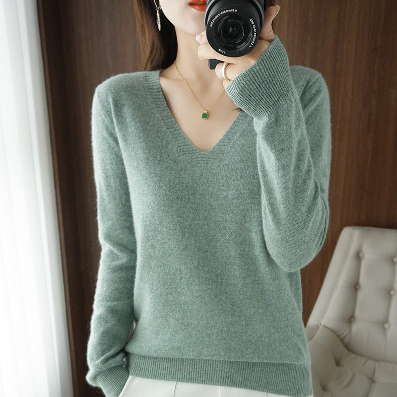 Women's Sweater 2024 Autumn Winter Knitted Pullovers V-neck Slim Fit Bottoming Shirt Solid Soft Knitwear Jumpers Basic Sweaters - reetell