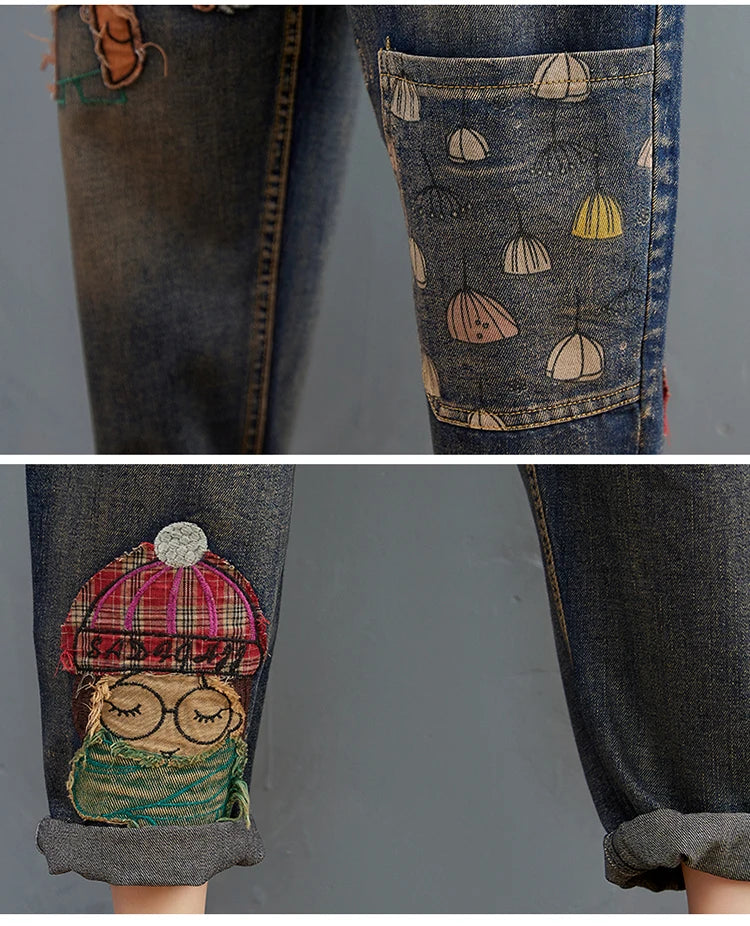 6537 Cartoon Litter Girl Embroidery Denim Pants For Women Trendy Hole Casual High Waist Breeches Pockets Mom Harem Blue Jeans - reetell