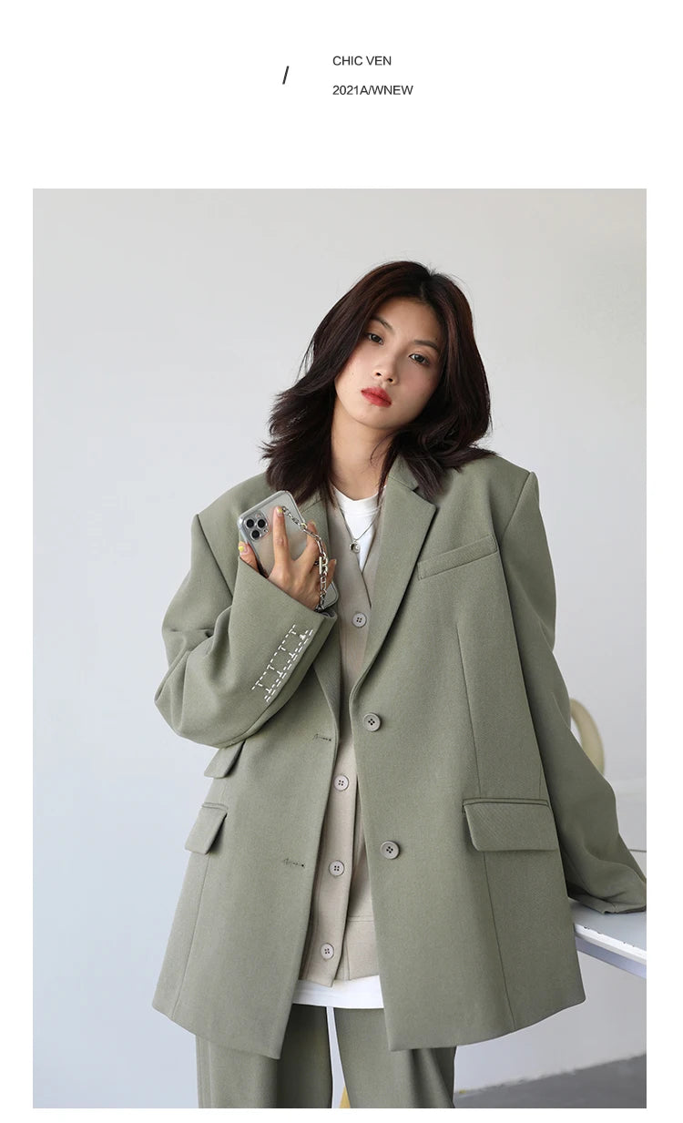 CHICVEN  Women Office Lady Blazer Cuff Embroidery Wide Shoulder Twill Suit Women's Autumn Ladies Outerwear  Stylish Tops - reetell