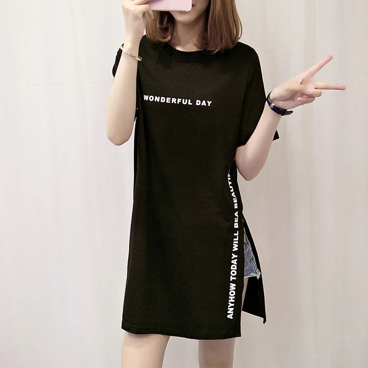 WONDERFUL DAY Print Long T shirts Summer Women Loose Slit Femme Tops Cotton Tshirt Short sleeve Ladies t-shirt - reetell