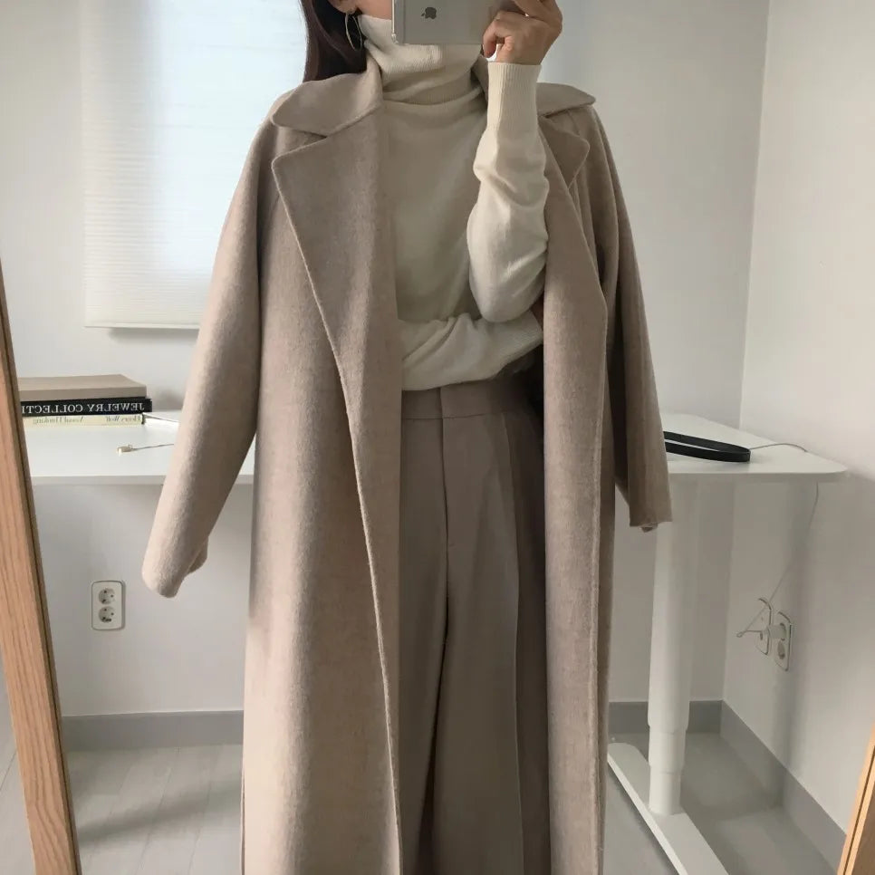 JXMYY French Lazy Style Warm Female Fresh Winter 2024 Classical Belt Retro Loose Women Woolen Coats Chic Casual Long Coat Long - reetell