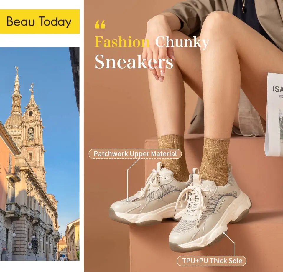 BeauToday Chunky Sneakers Women Mesh Leather Platform Shoes Mixed Colors Lace-Up Lady Trendy Trainers Thick Sole Handmade 29401