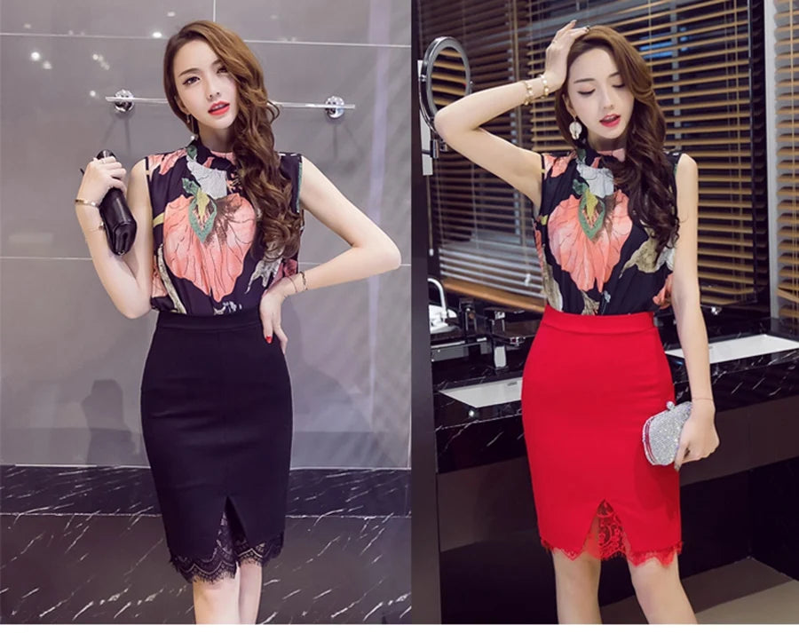 SEXMKL 5XL Women Summer Mini Skirts 2024 Fashion High Waist Skirt Lace Patchwork Ladies Midi Skirt Elegant Stretch Pencil Skirt - reetell